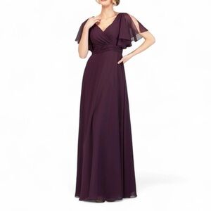 Abby Paris Formal Gown. V-Neck. Drape short sleeves. A-Line. Plum. Size 8. NWT.
